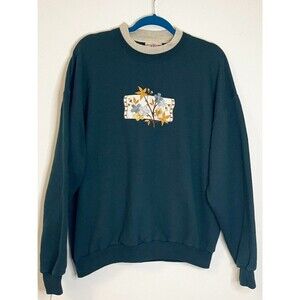 Vintage Top Stitch Grandmacore Sweatshirt Floral Embroidered Crewneck Green XL